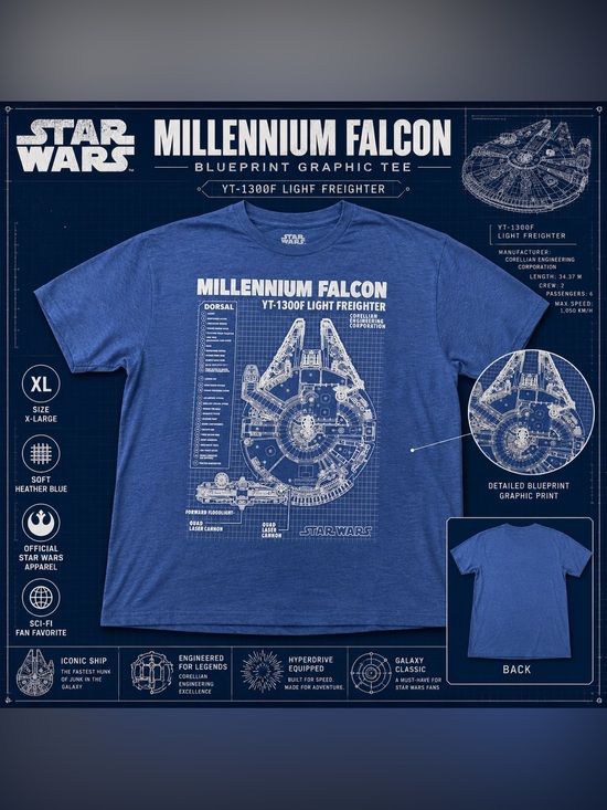 Star Wars Other - Star Wars Millennium Falcon Blueprint Graphic Tee Blue XL Disney Lucasfilm